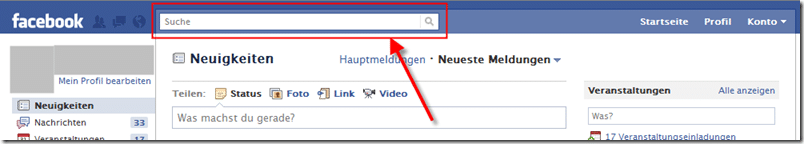 Das Suchfeld befindet sich am oberen Rand des Facebook-Layouts
