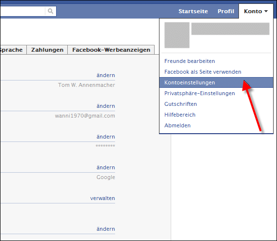 1. Klicke auf "Konto->Kontoeinstellungen"