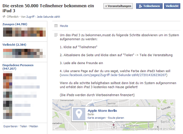 Fake Veranstaltung: Die ersten 500.000 oder 50.000 Teilnehmer bekommen ein iPad 3 – mimikama.org