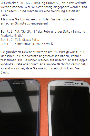 Die Samsung und Apple Produkte GRATIS Fake Seiten auf Facebook