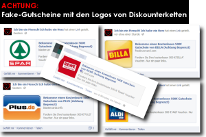 Facebook: Hinter den REWE/PLUS/ALDI/BILLA und SPAR Geschenkkarten lauert ein Phishingversuch
