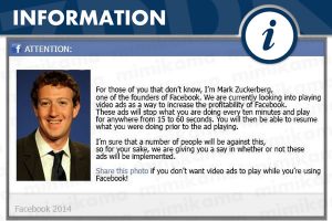 Fake: Zuckerberg ruft zum teilen eines Bildes auf um die Einführung von Werbepausen zu verhindern
