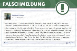 Falschmeldung: MAL WAS ERNSTES, BITTE LESEN! Der Baumarkt MAX BAHR in Magdeburg erhöht die Preis von Sandsäcken von 0.25€ auf 1.15€