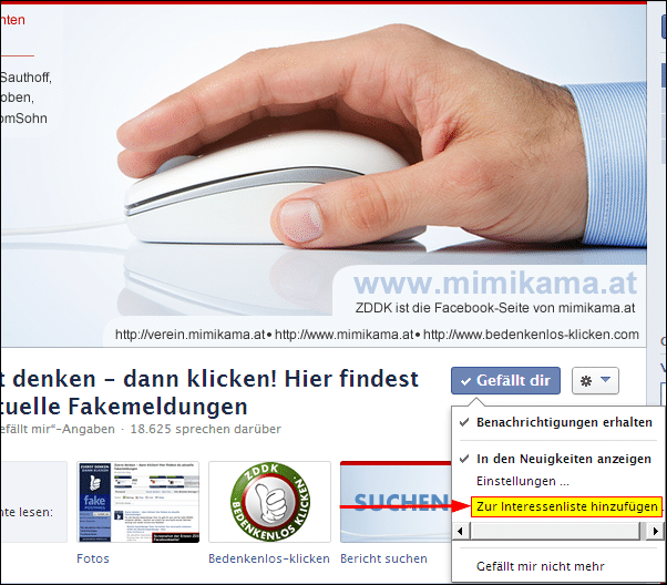 Facebook: Zur Interessenliste hinzufügen