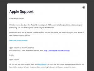Phishingversuch durch eine Fake “Apple Support” E-Mail