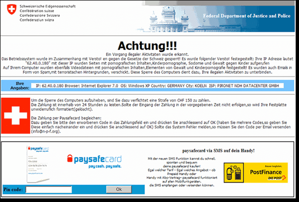Hinter diesem PopUp Fenster, der sich als “Schweizerische Eidgenossenschaft, “ als “Eidgenössisches Justiz- und Polizeidepartement” oder “deutsches Bundeskriminalamt” ausgibt, versteckt sich ein Trojaner!