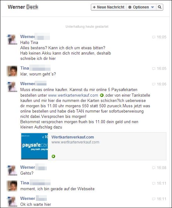 Facebook Identitätsklau. Betrüger haben es auf Paysafekarten abgesehen!