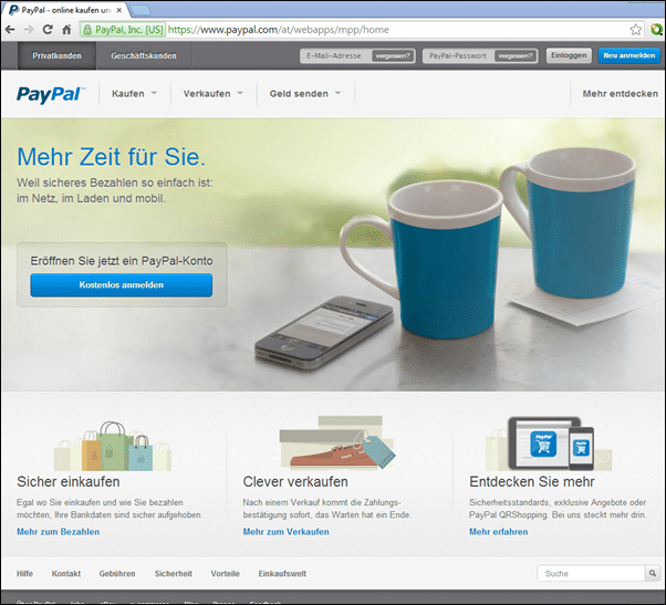 Die echte PayPal Webseite
