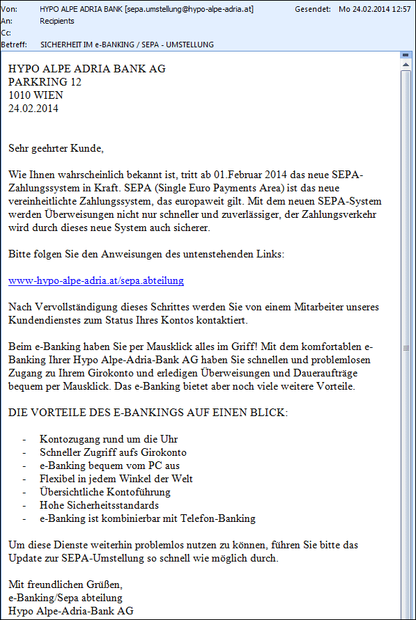 „Hypo Alpe-Adria-Bank AG“ Spam E-Mail „Hypo Alpe-Adria-Bank AG“ Spam E-Mail