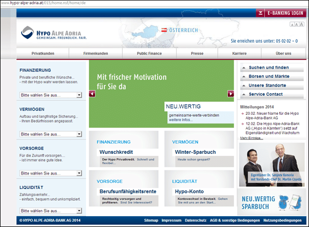 die echte Webseite der Hypo Alpe Adria