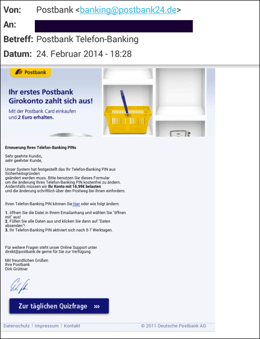 Postbank: Postbank Telefon-Banking (Internetbetrug)