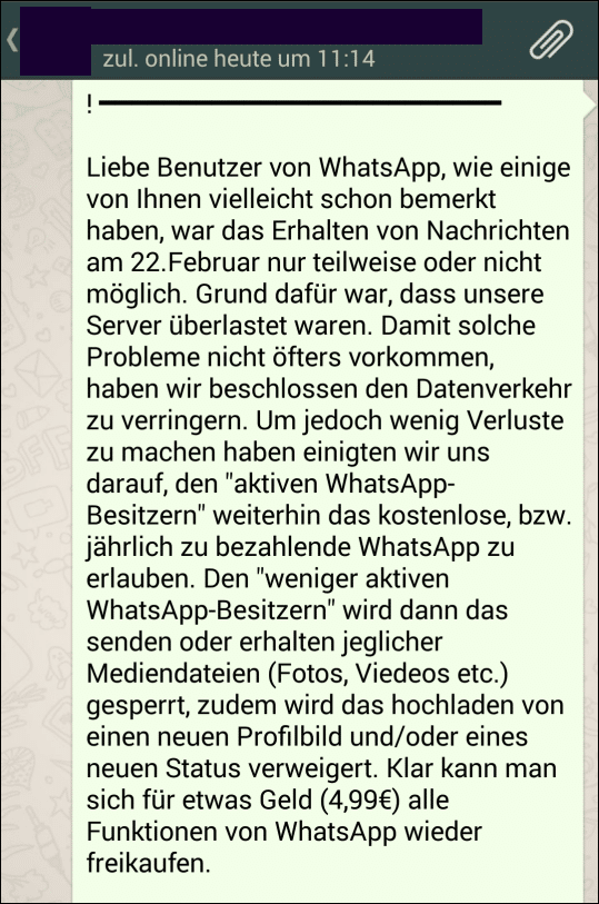 Liebe Benutzer von WhatsApp, wie einige von Ihnen vielleicht schon bemerkt haben, war das Erhalten von Nachrichten am 22.Februar nur teilweise oder nicht möglich. Grund dafür war, dass unsere Server überlastet waren