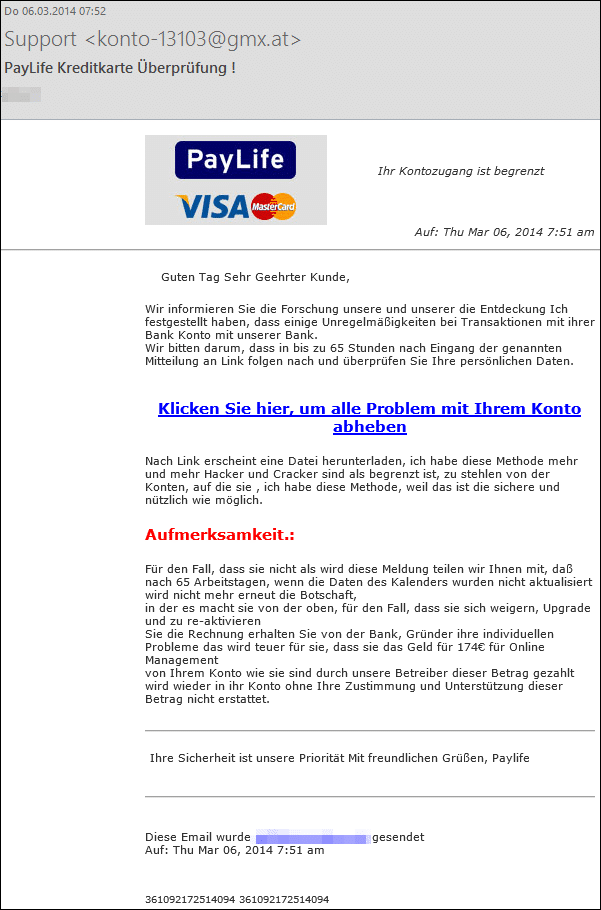 Diese  E-Mail stammte nicht von PayLife selbst! Diese wurden von Internetbetr&uuml;gern versendet