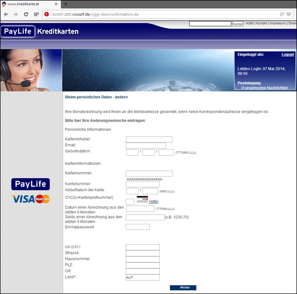 gefälschte PayLife Webseite