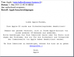 Phishing-Mail von APPLE (Ihre Apple-ID wurde aus Sicherheitsgründen deaktiviert!)