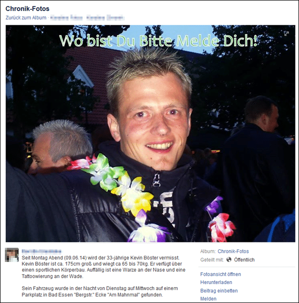 Kevin B&ouml;ster (33) aus Bohmte vermisst.