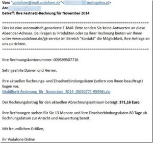 [Malware] Vodafone: Ihre Festnetz-Rechnung für November 2014