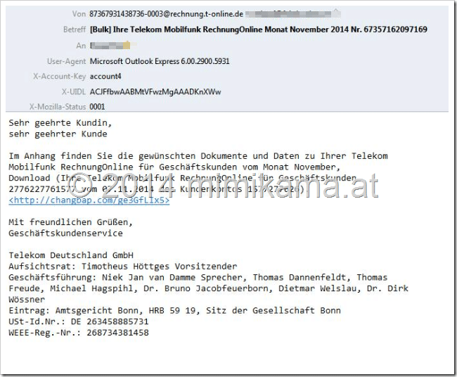 Internetbetrüger geben sich als Telekom Deutschland aus und versenden einen Trojaner.