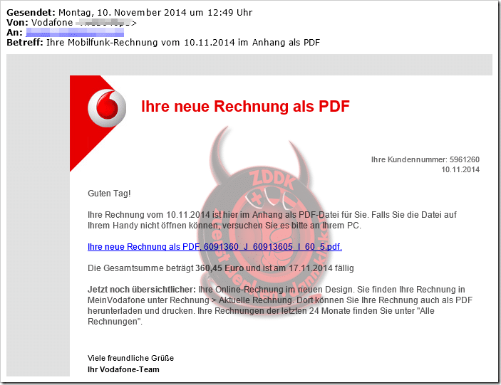 Ihre Rechnung vom 10.11.2014 ist hier im Anhang als PDF-Datei für Sie