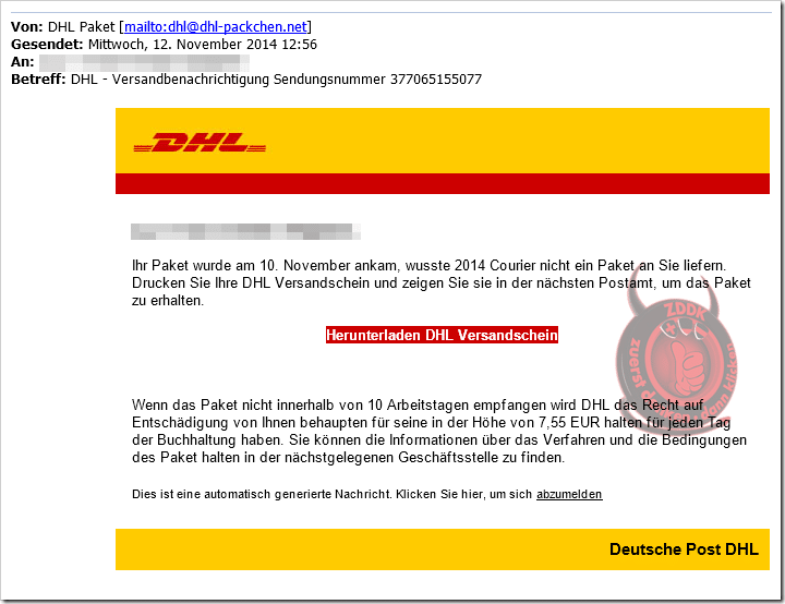 DHL - Versandbenachrichtigung Sendungsnummer