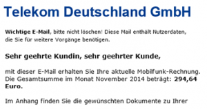 Neue November-Mobilfunkrechnung wird von Internetbetrügern im Namen der Telekom Deutschland versendet (Trojaner-Warnung)