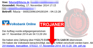 Trojaner-Warnung: E-Mail von “fiducia” und “Volksbank”