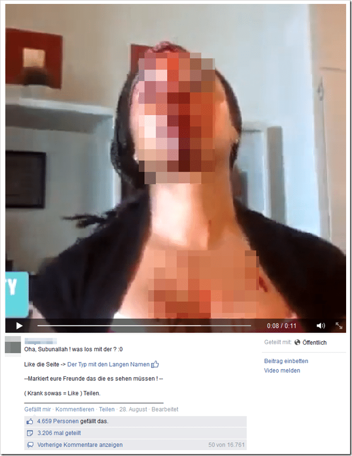 Zu sehen ist eine junge Frau, die wiederholt den Kopf gegen ihren Monitor knallt, bis sie eine blutige Platzwunde auf der Stirn hat.