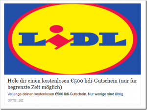 500€ Lidl-Gutscheine entpuppten sich wieder einmal als Fake.