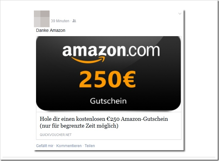 Danke Amazon! Dubioser 250€ Amazon Gutschein wieder auf Facebook im Umlauf.