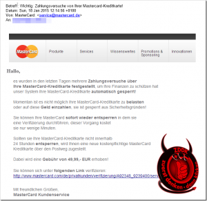 Phishing-Versuch mit “Zahlungsversuche von Ihrer Mastercard-Kreditkarte!”