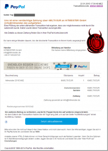 Phishing-Versuch: PayPal-Verdächtige Zahlung über 485,79 EUR an HITMEISTER GmbH aufgefallen!
