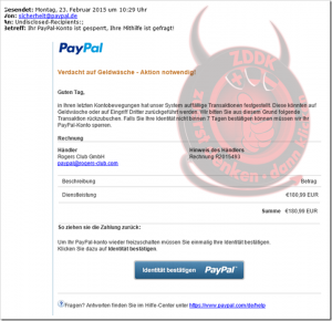 [Phishing] PayPal: Verdacht auf Geldwäsche – Aktion notwendig!