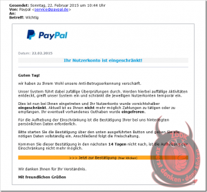[Phishing] PayPal: Wir haben zu Ihrem Wohl unsere Anti-Betrugserkennung verschärft.