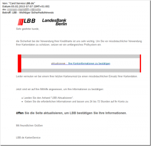 Phishing: E-Mail von der LandesBank Berlin mit dem Betreff: LBB – Wichtiger Sicherheitshinweis