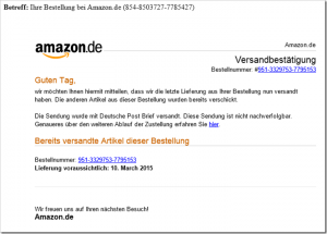 Virus-Warnung vor E-Mails mit: “Ihre Bestellung bei Amazon.de”