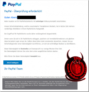 PayPal-Phishing: “Leider mussten wir Ihr PayPal-Nutzerkonto mit sofortiger Wirkung komplett einschränken”