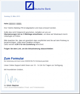 [Phishing-Warnung] Internetbetrüger geben sich als Deutsche Bank aus.