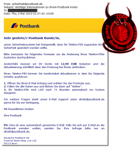 Warnung: gefälschte E-Mails mit Postbank als Absender