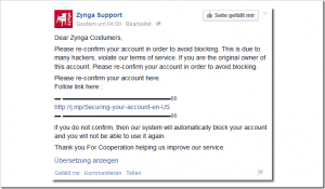Warnung vor eine gefälschten “Zynga Support” Seite auf Facebook