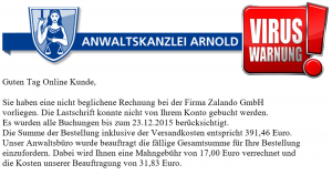 Fieser Virus per E-Mail mit: “Mahnungsschreiben Zalando GmbH”