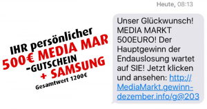 Glückwunsch! Auch 500 EUR bei Media Markt, mittels einer SMS, gewonnen?