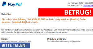 Warnung vor E-Mail mit: “Bestätigung Ihrer Zahlung an bwin.party services (Austria) GmbH”