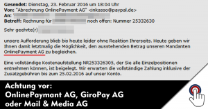 Trojaner-Warnung: Achtung vor E-Mails der Firmen: OnlinePaymant AG, GiroPay AG oder Mail & Media AG