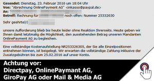Trojaner-Warnung: Achtung vor E-Mails der Firmen: Directpay, OnlinePaymant AG, GiroPay AG oder Mail & Media AG
