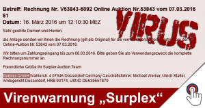 Warnung! Surplex GmbH “Rechnung Nr. V53843-6092 Online Auktion Nr.53843 vom 07.03.2016 61” ist ein Virus