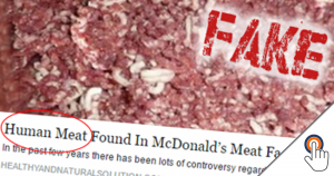Mensenvlees bij McDonald’s: alweer een website die in de oude kannibalengrap trapt.