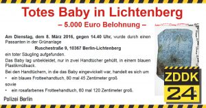Totes Baby in Lichtenberg – 5.000 Euro Belohnung ausgelobt