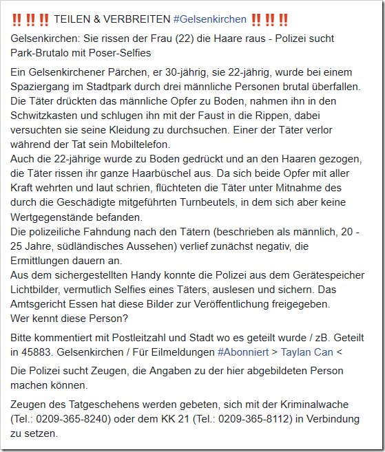  Gelsenkirchen: Sie rissen der Frau (22) die Haare raus - Polizei sucht Park-Brutalo mit Poser-Selfies