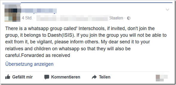 There is a whatsapp group called' Interschools, if invited, don't join the group, it belongs to Daesh(ISIS). If you join the group you will not be able to exit from it, be vigilant, please inform others. My dear send it to your relatives and children on whatsapp so that they will also be careful.Forwarded as received