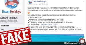 Fake-Gewinnspiel auf Facebook-Seite “DreamHolidays”